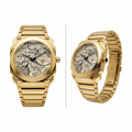Yellow gold Octo Finissimo style watch with cream blueprint dial, front and side view on white background