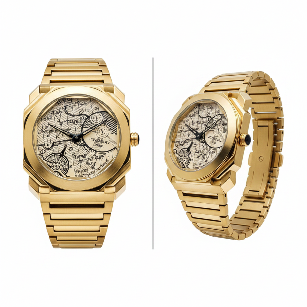 Yellow gold Octo Finissimo style watch with cream blueprint dial, front and side view on white background
