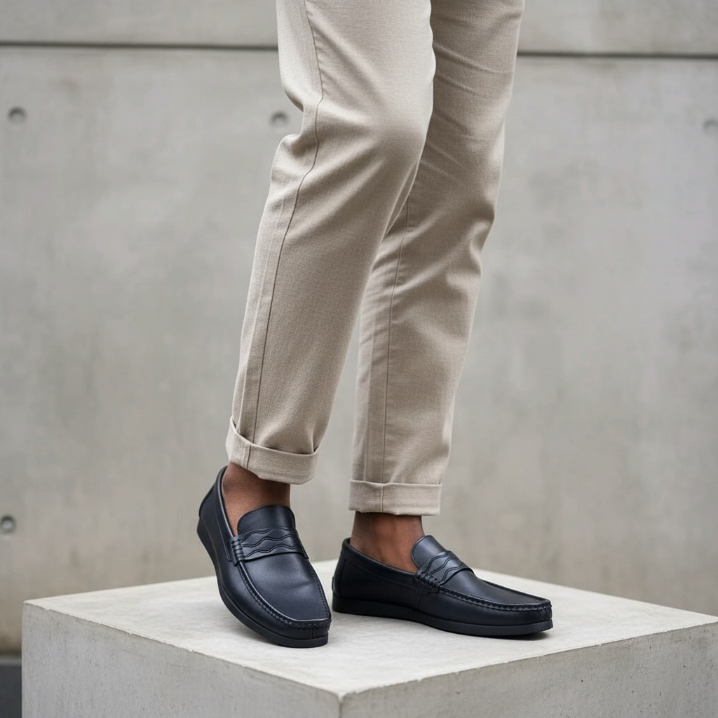 Nigerian male model leg focus shot wearing navy wave-strap leather slip-on loafers