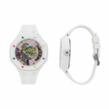 Unisex white octagonal skeleton pop watch with open-heart dial, front and side view