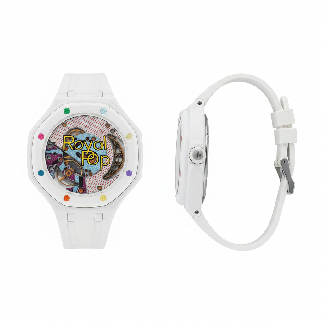 Unisex white octagonal skeleton pop watch with open-heart dial, front and side view