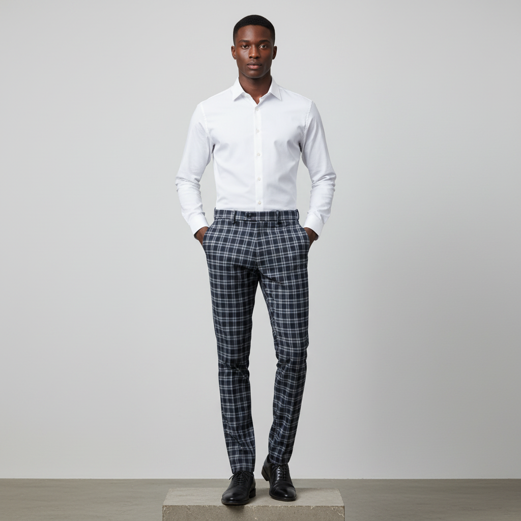 Dark Navy White Fine Plaid Trousers – Front Model