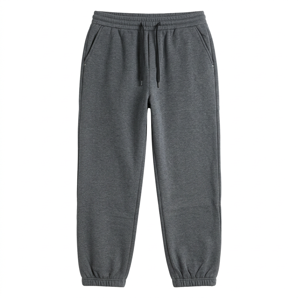Grey marl joggers with black drawstrings and gathered ankle hems, generated ghost mannequin view