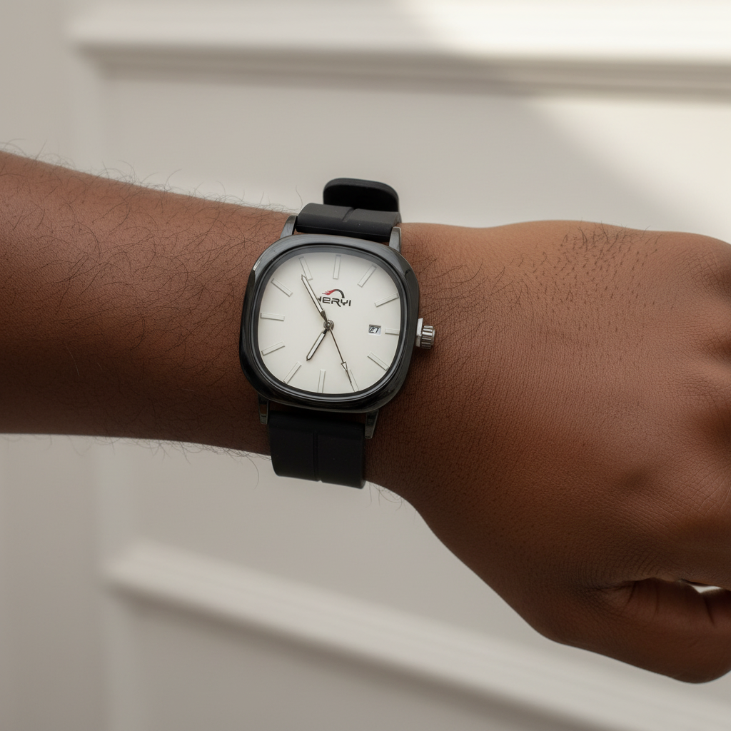 Black wristwatch with white dial worn on a Black man's wrist