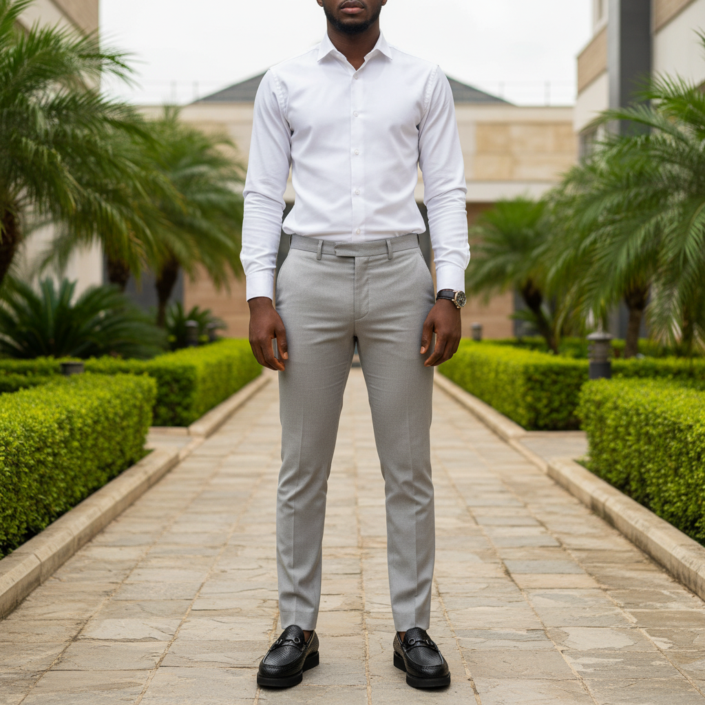 Nigerian male model wearing black perforated leather horsebit loafer shoes in garden setting