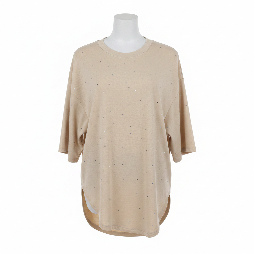 Beige Scattered Rhinestone Oversized Top - Ghost Mannequin Front View