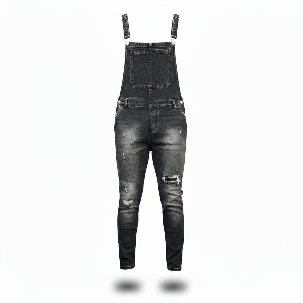 Washed black distressed denim bib overalls shown in worn shape on a white background