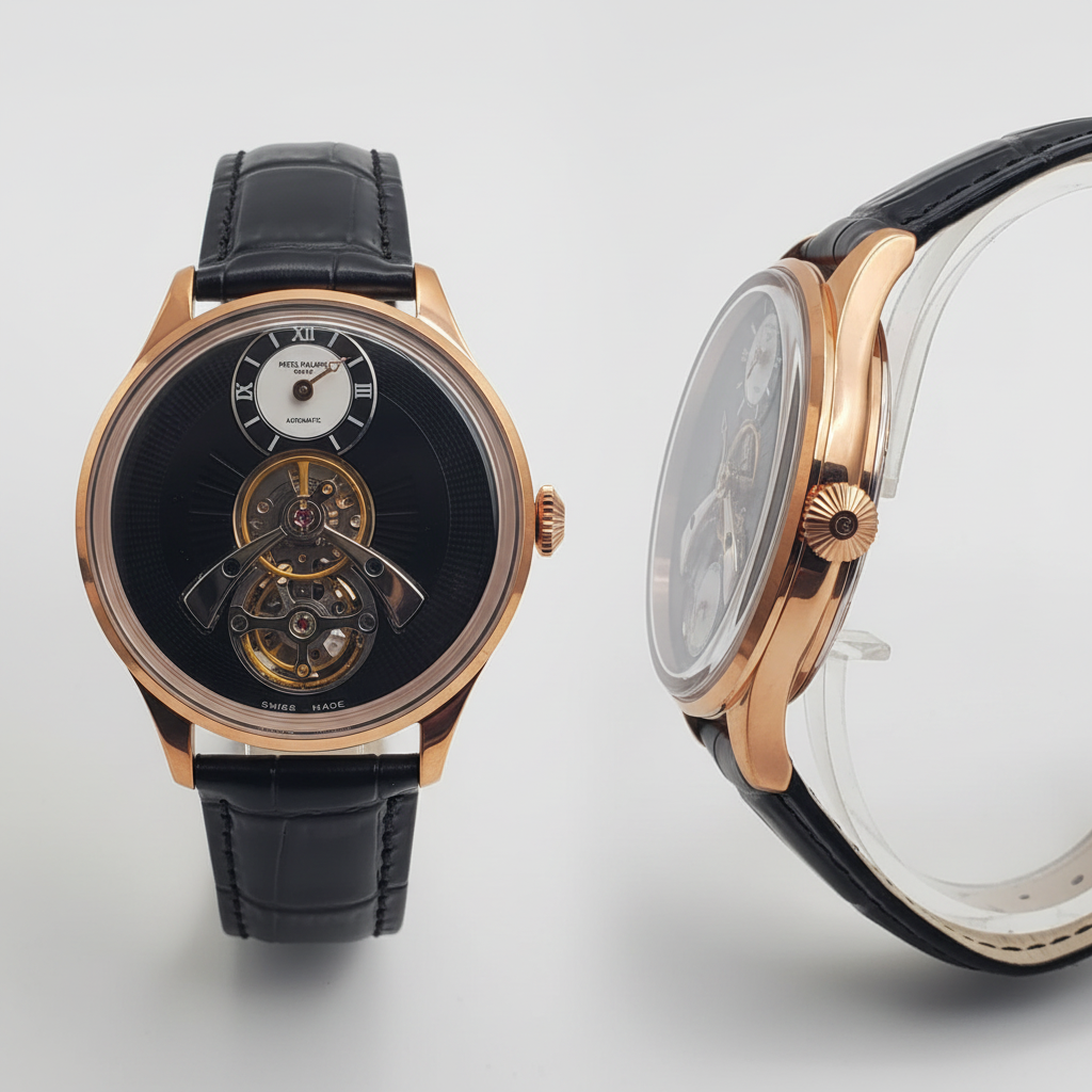 Men's Black Dial Rose Gold Tourbillon Automatic Watch – Front and Side Ghost Mannequin View