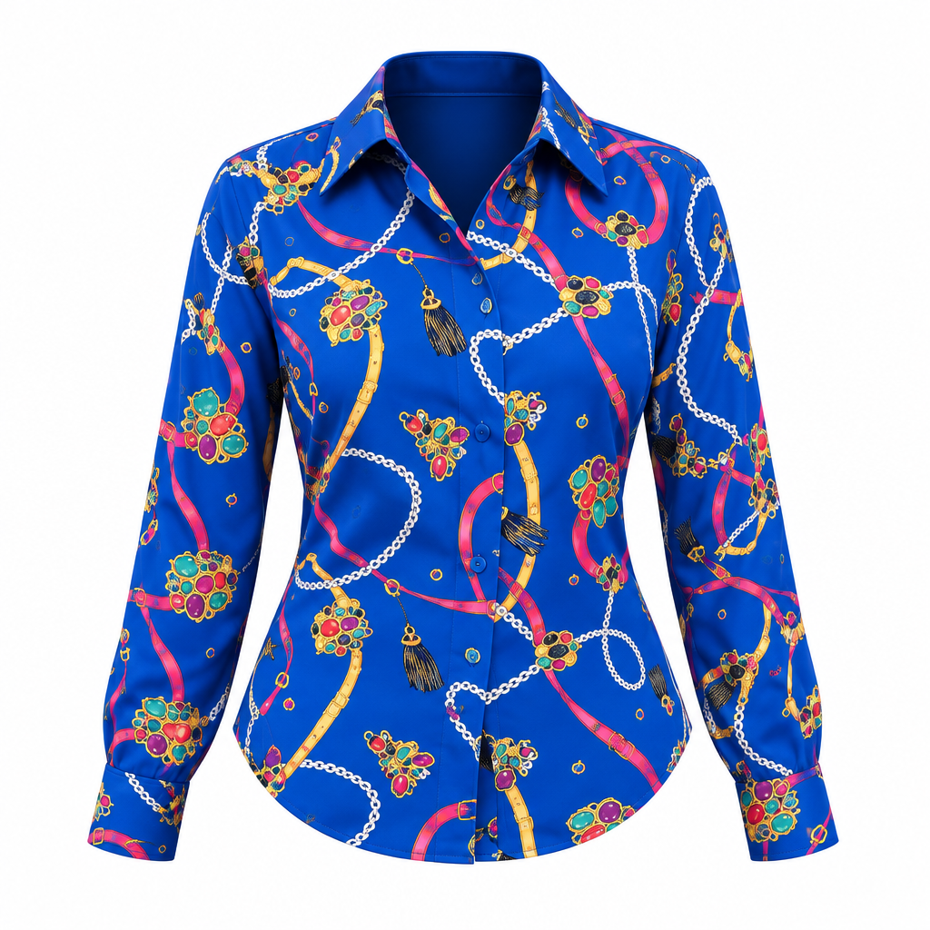 Royal blue baroque chain-print button-down shirt ghost mannequin