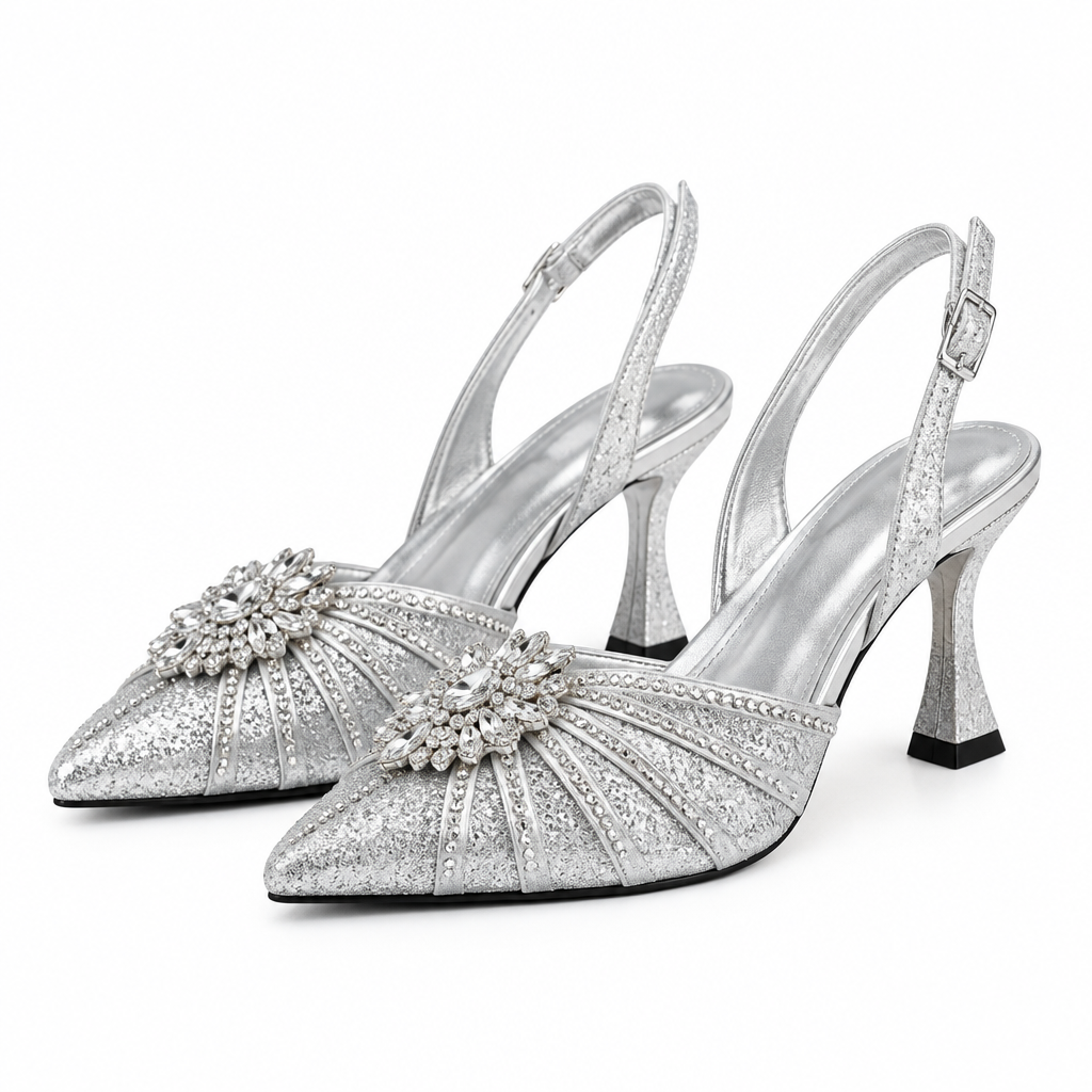 Crystal Brooch Embellished Slingback Heel – Silver