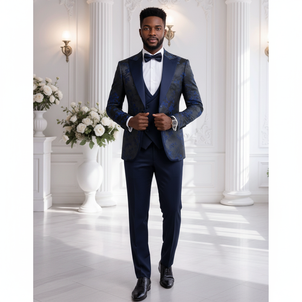 Nigerian male model wearing floral royal blue 3-piece suit