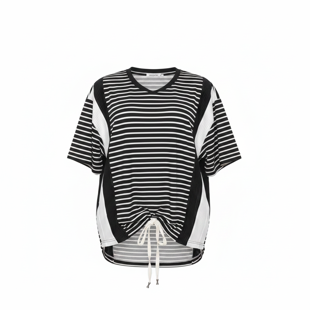 Black White Stripe Drawstring Top - Ghost Mannequin Front View