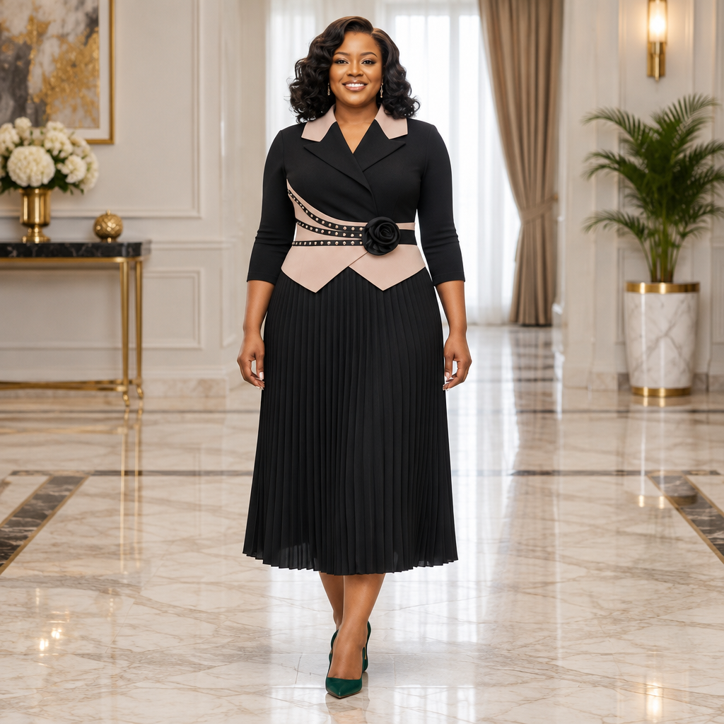 One woman wearing the black contrast-collar pleated occasion dress