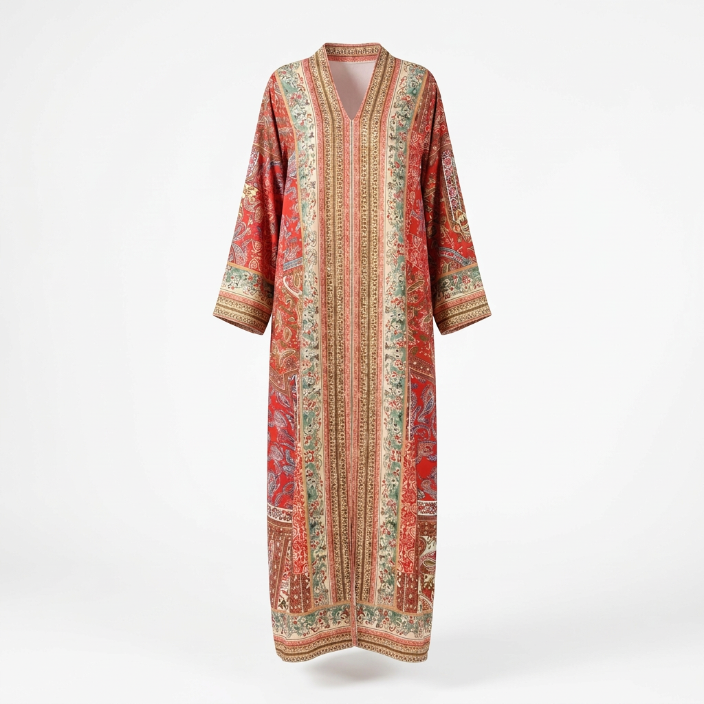 Full-length red paisley floral-border abaya ghost mannequin catalogue view