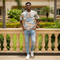 Nigerian male model wearing men's scenic landscape print shirt