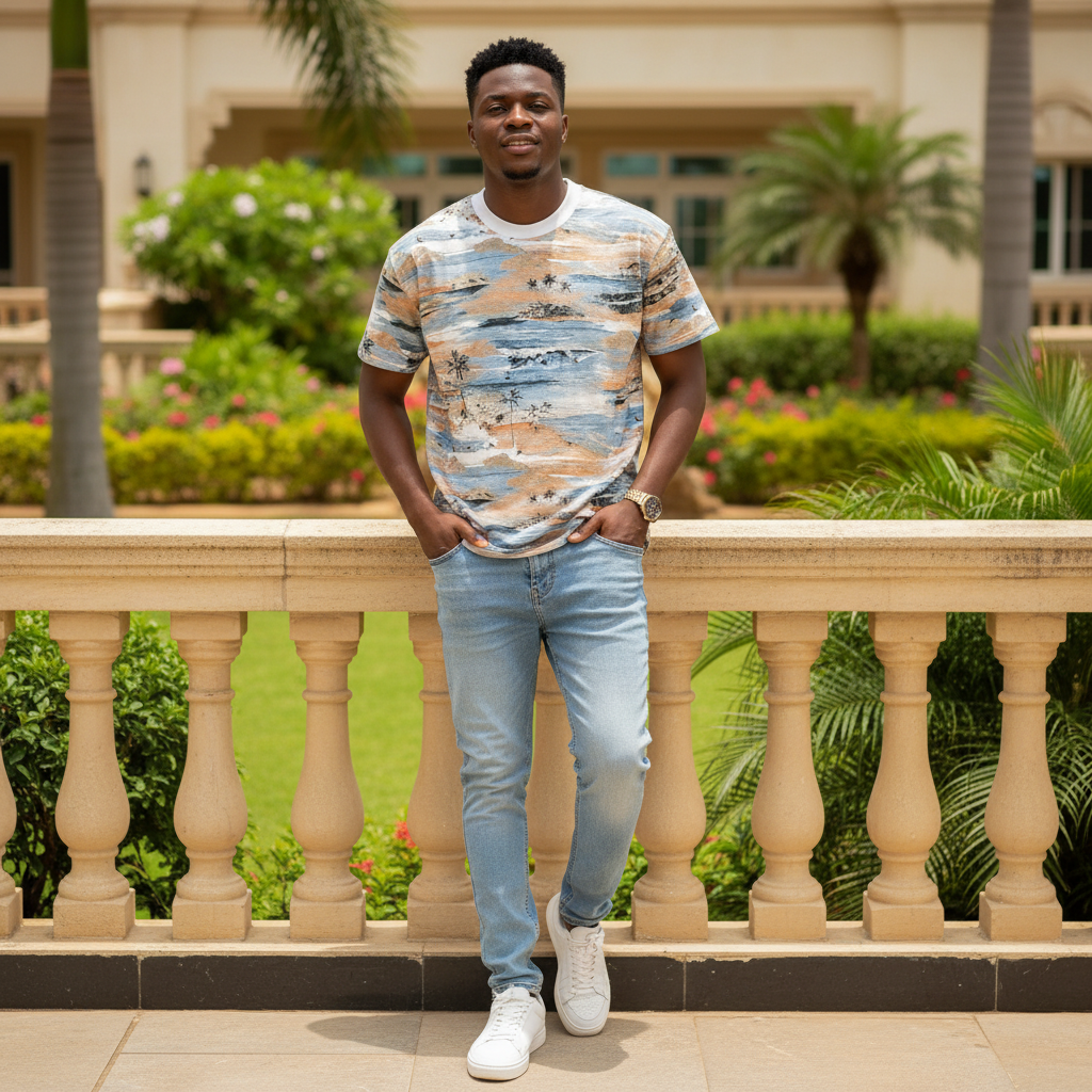 Nigerian male model wearing men's scenic landscape print shirt