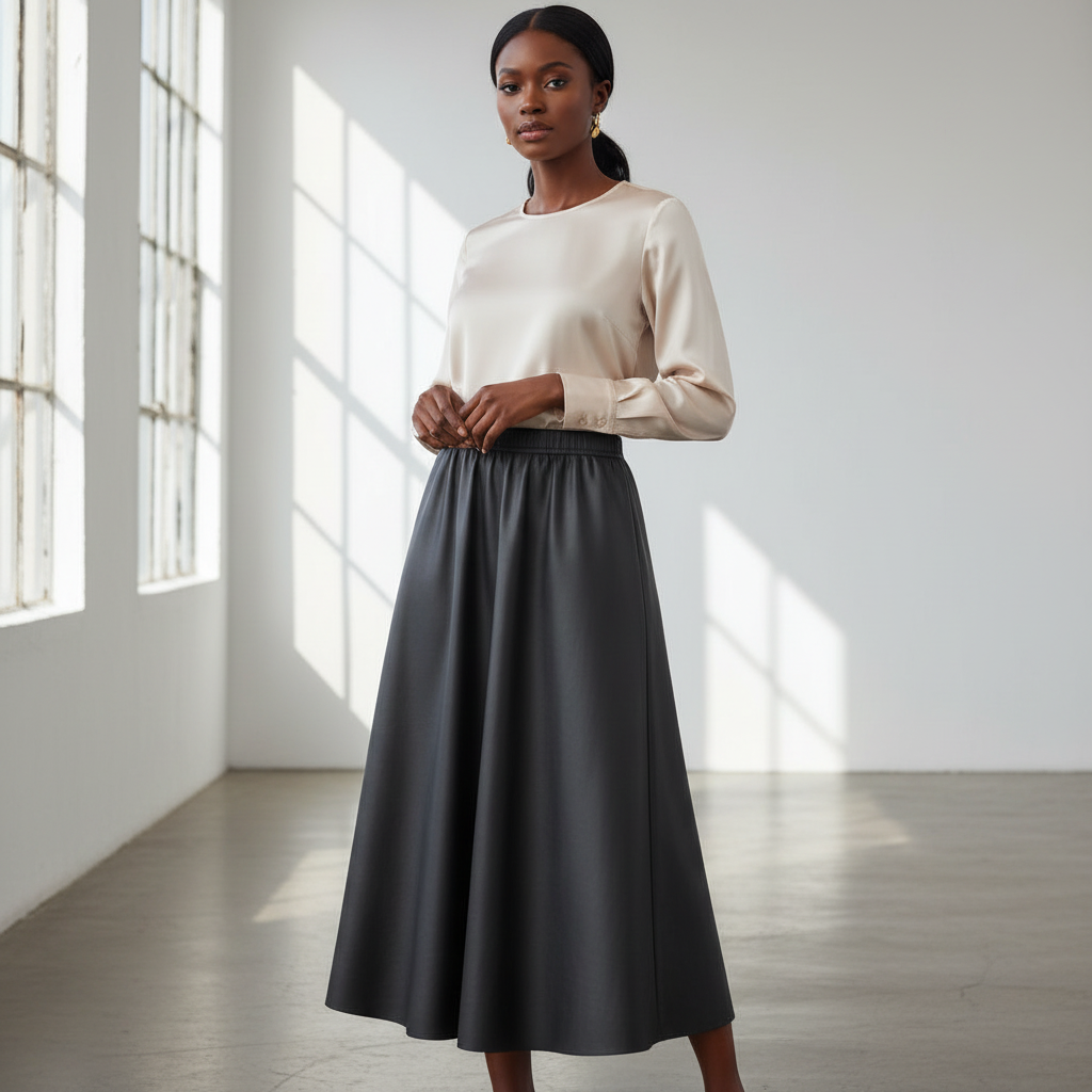 Nigerian model wearing black faux leather flared midi skirt