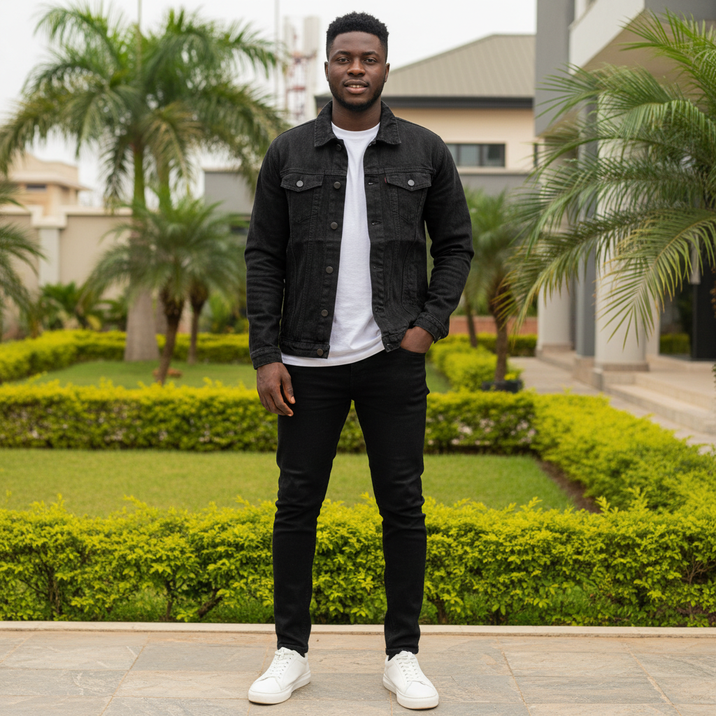 Men's Washed Black Denim Trucker Jacket – Nigerian Male Model