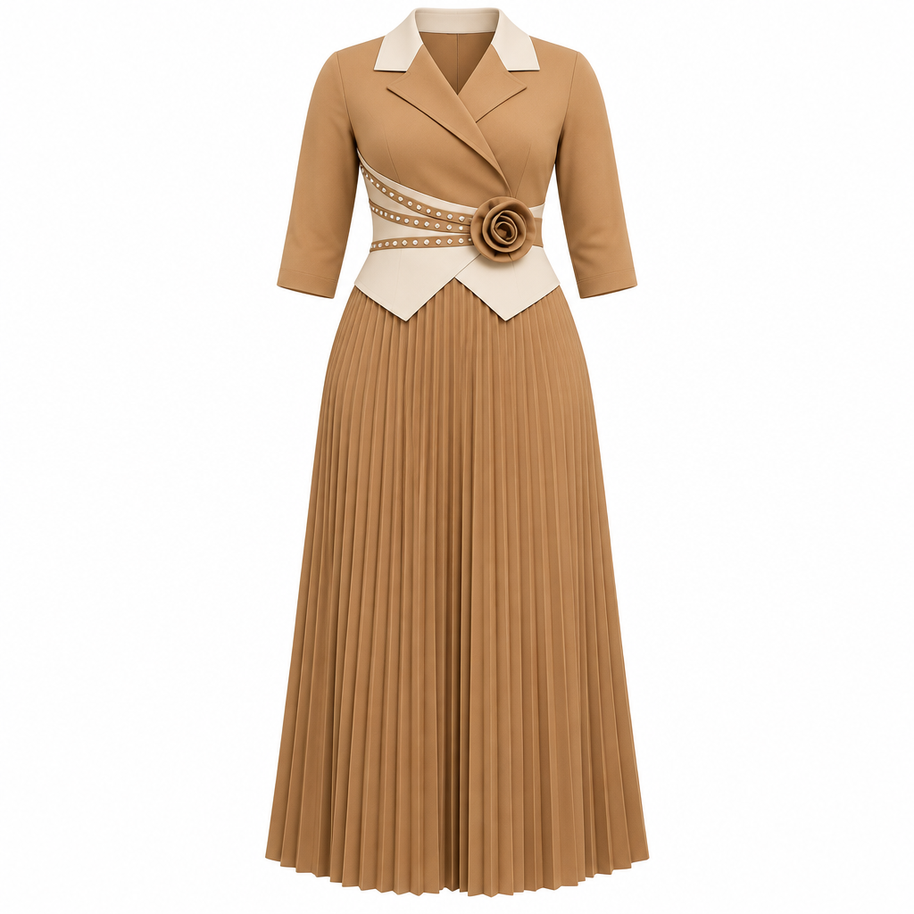 Beige camel contrast-collar pleated occasion dress on white background