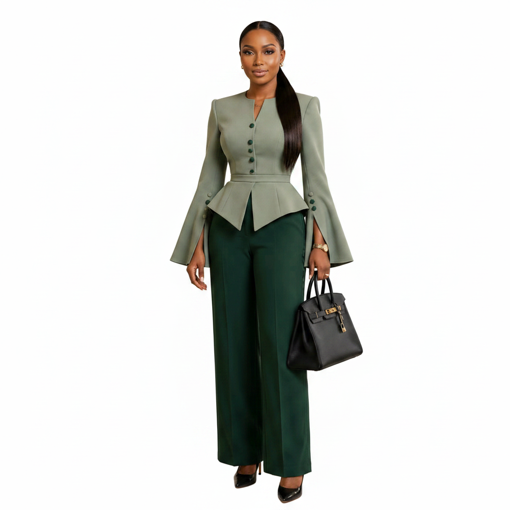 Sage & Forest Green Peplum Blazer Trouser Suit Set – Model Shot