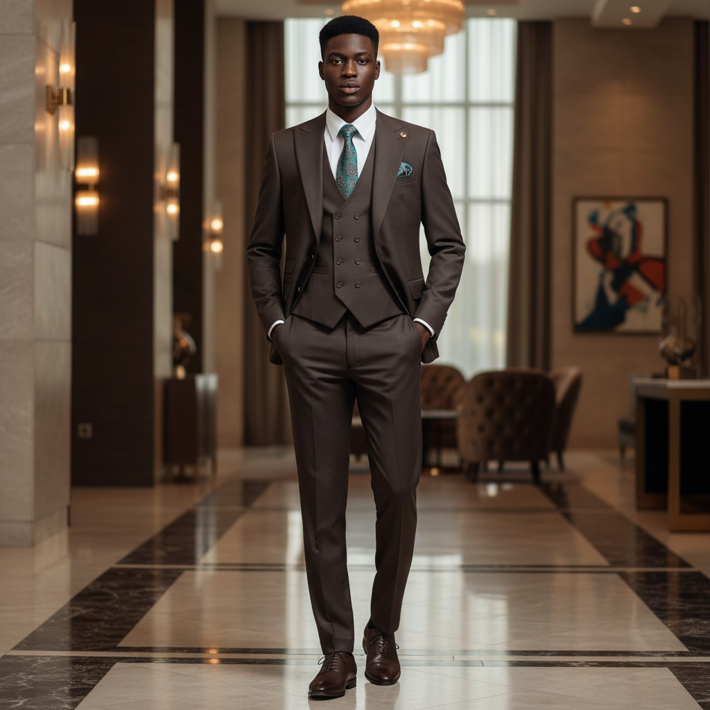 Young Nigerian male model wearing dark brown 3-piece suit with teal paisley tie and pocket square