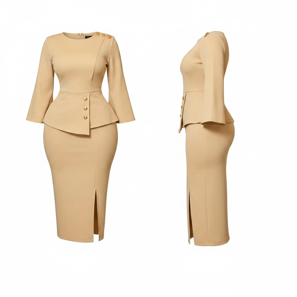 Women's Peplum Bell Sleeve Midi Dress in Beige – Ghost Mannequin Front and Side View