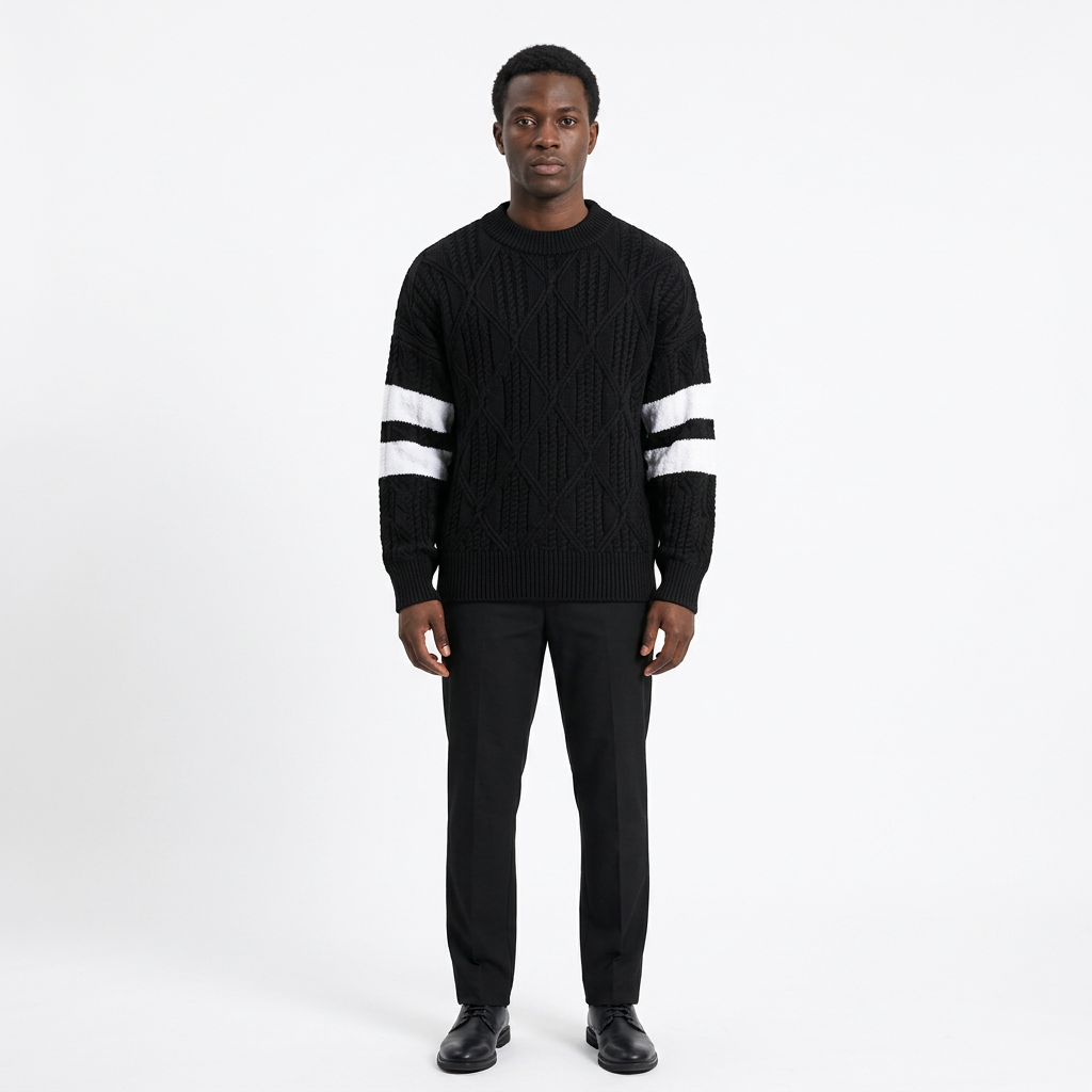 Full-body adult Black man wearing a black sweater with white sleeve stripes