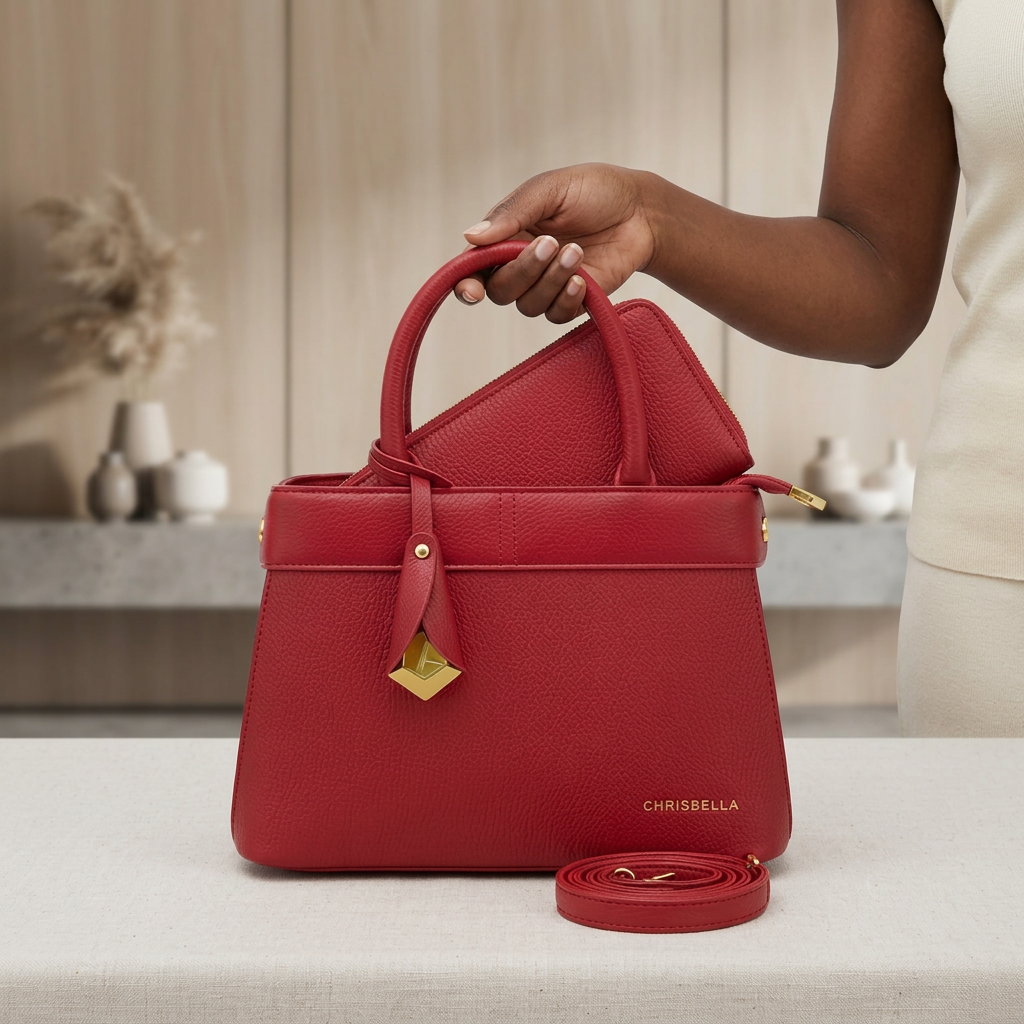 Hand holding red textured handbag with matching pouch and detachable strap