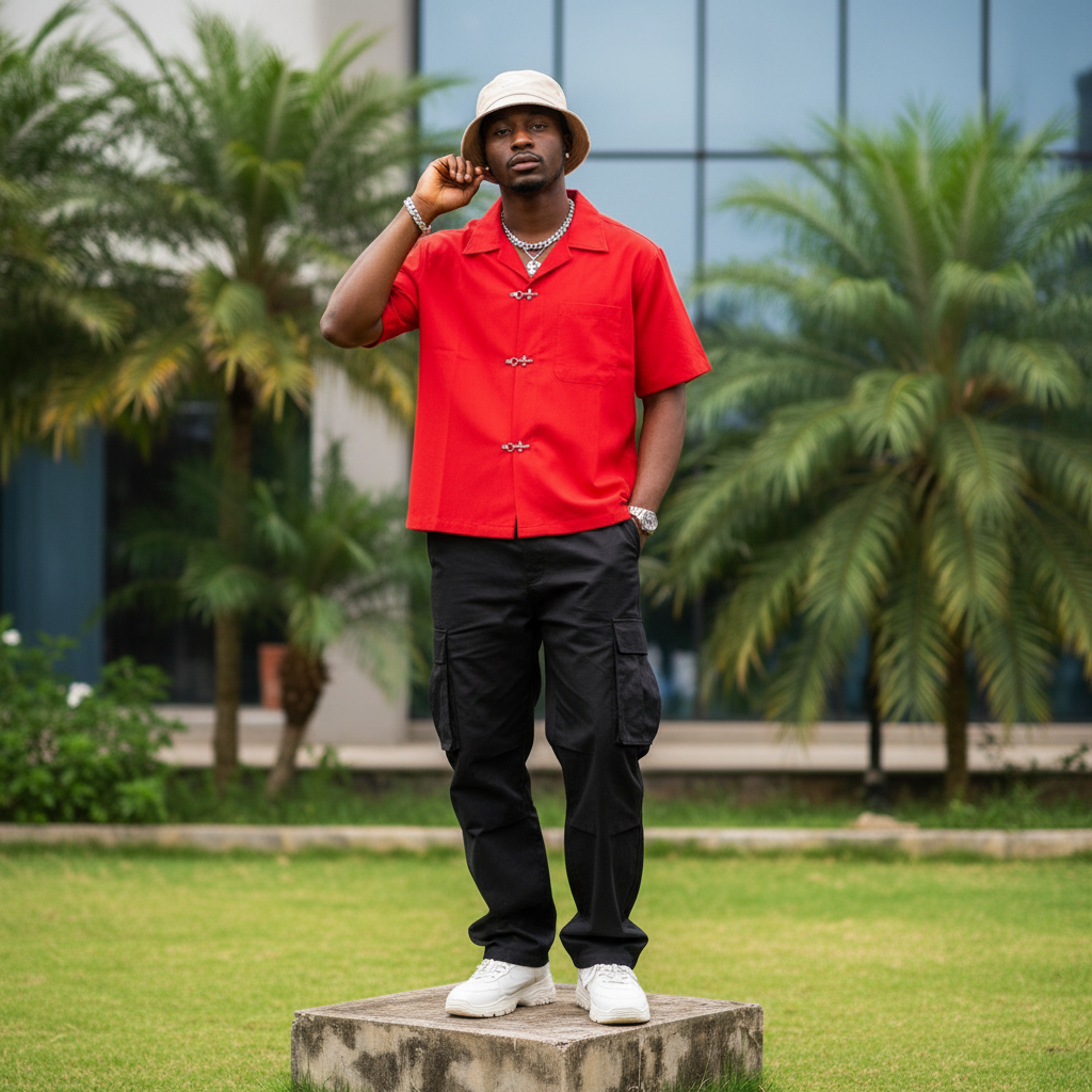 Nigerian male model wearing red camp collar hook-clasp shirt – full body lifestyle shot