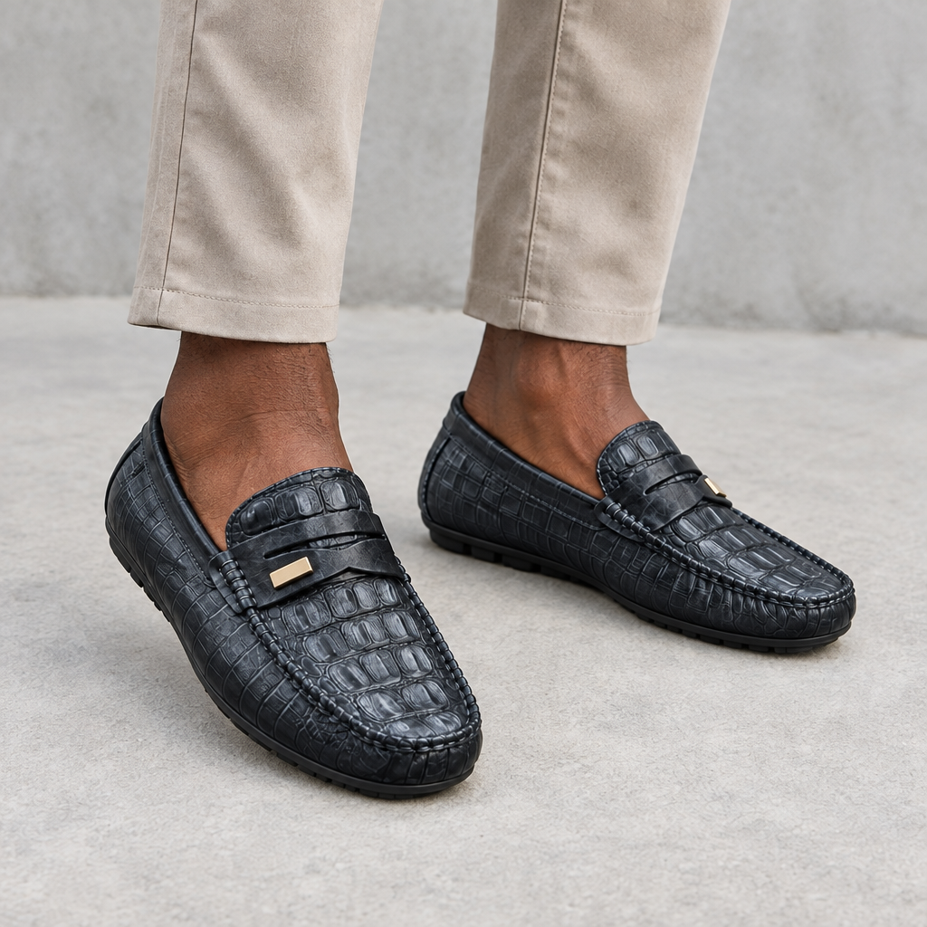 Black croc-textured loafers with gold-tone detail worn on both feet