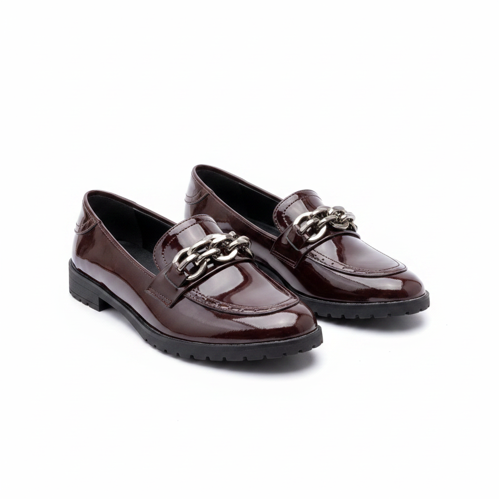Layinka Store Burgundy Patent Chain-Vamp Loafers – Catalog Shot