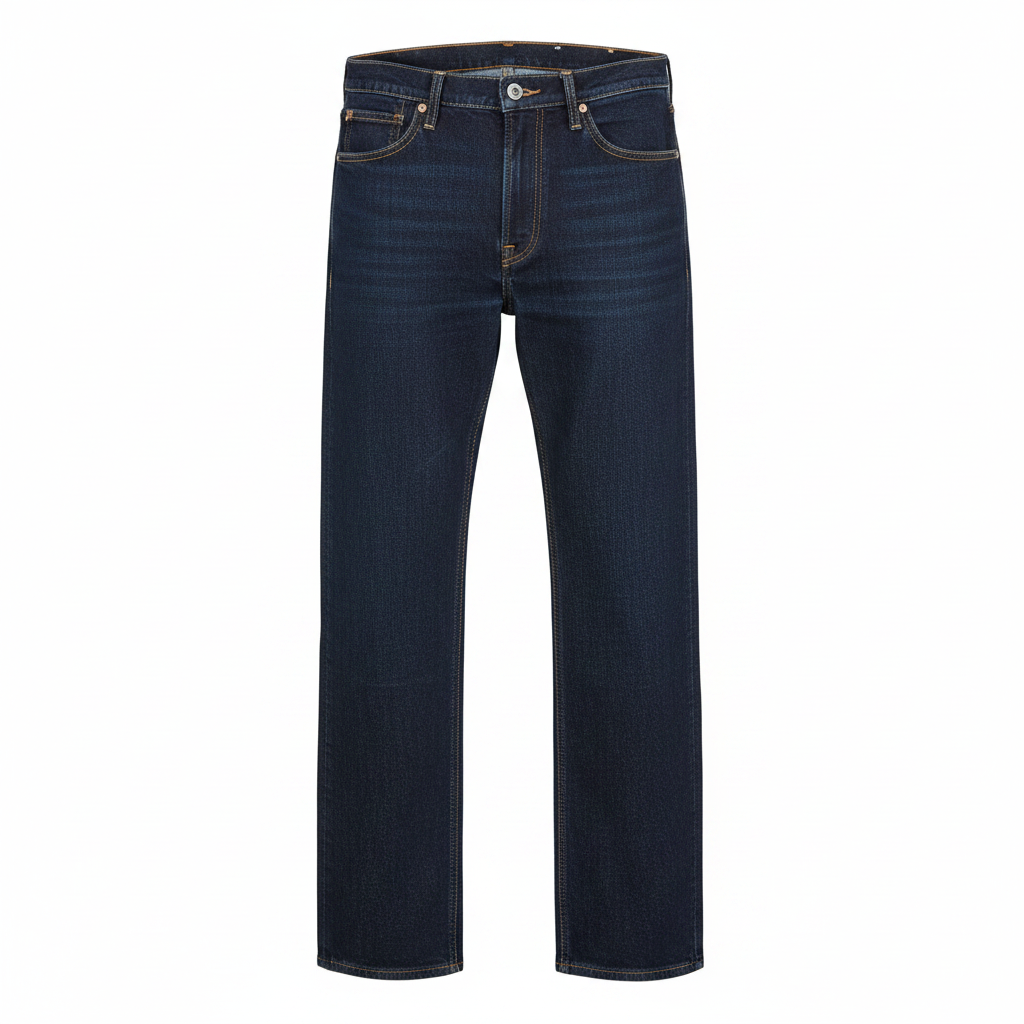 Men's dark indigo straight-leg denim jeans on ghost mannequin