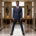 Young Nigerian male model wearing navy blue pinstripe double-breasted suit full body square