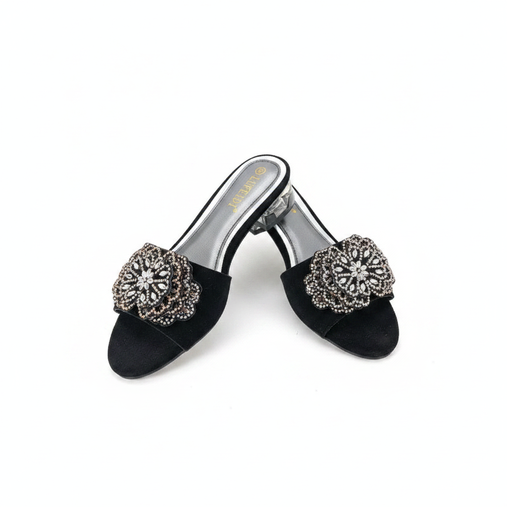 Women's Floral Rhinestone Medallion Clear-Heel Slide - Silver Ghost Mannequin