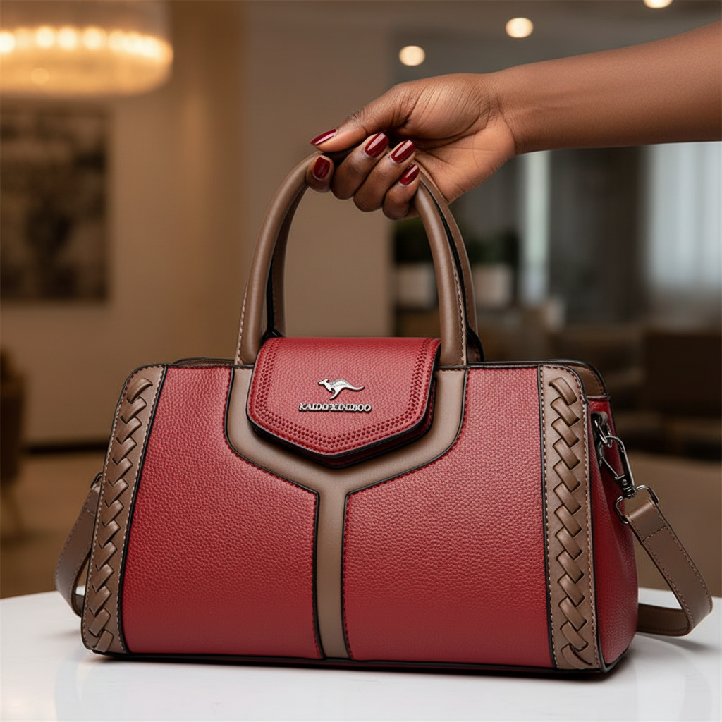 Black Nigerian woman's polished hand holding Kaidifeinidroo Two-Tone Woven Panel Top-Handle Tote in Red