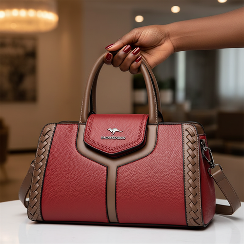 Black Nigerian woman's polished hand holding Kaidifeinidroo Two-Tone Woven Panel Top-Handle Tote in Red