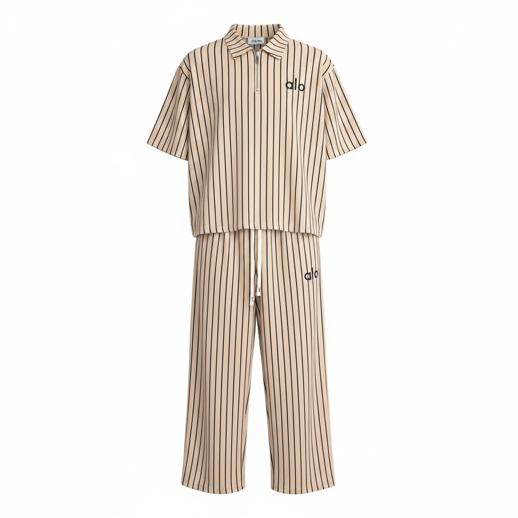 Ghost mannequin cream beige pinstripe alo polo and trouser two-piece set