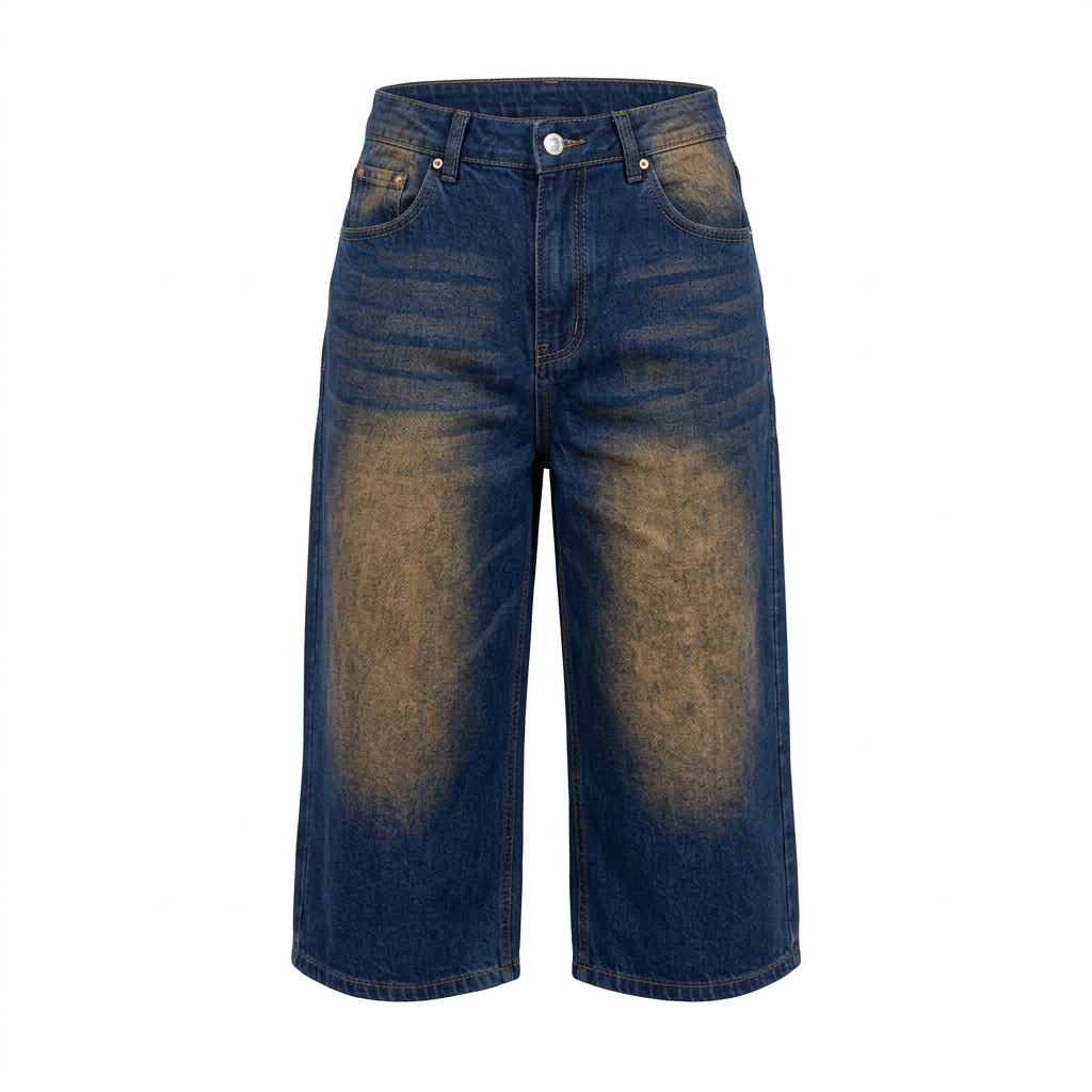 Vintage-wash dark indigo wide-leg denim Bermuda shorts on white