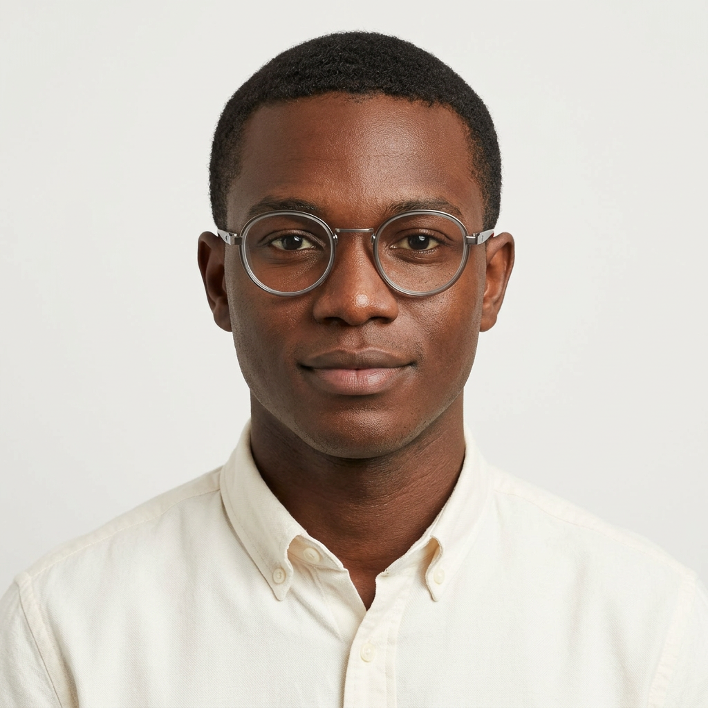Nigerian Black male model wearing smoky-grey rounded eyeglasses