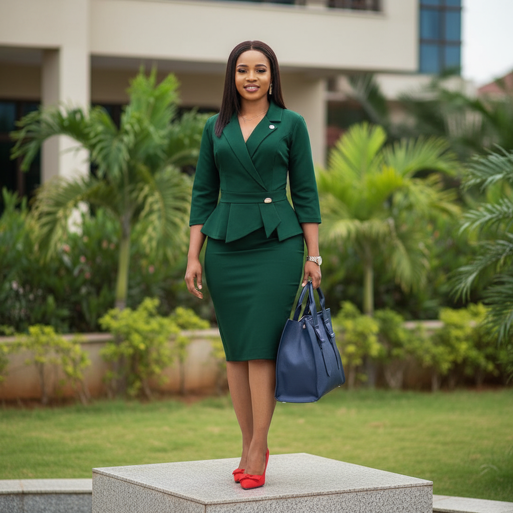 Women's Forest Green Faux Blazer Peplum Bodycon Midi Dress – Nigerian Female Model Shot