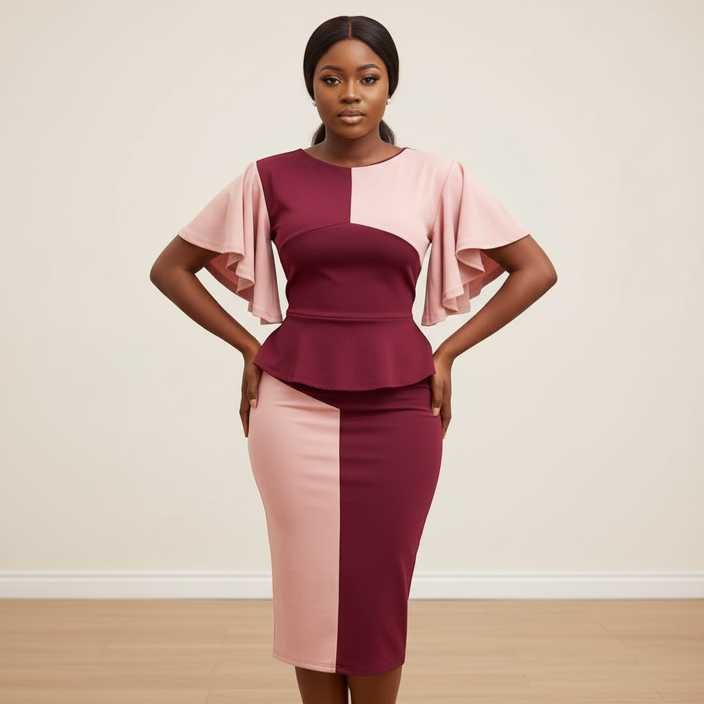 Two-Tone Burgundy & Blush Peplum Bodycon Midi Dress – Model Shot