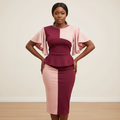 Two-Tone Burgundy & Blush Peplum Bodycon Midi Dress – Model Shot
