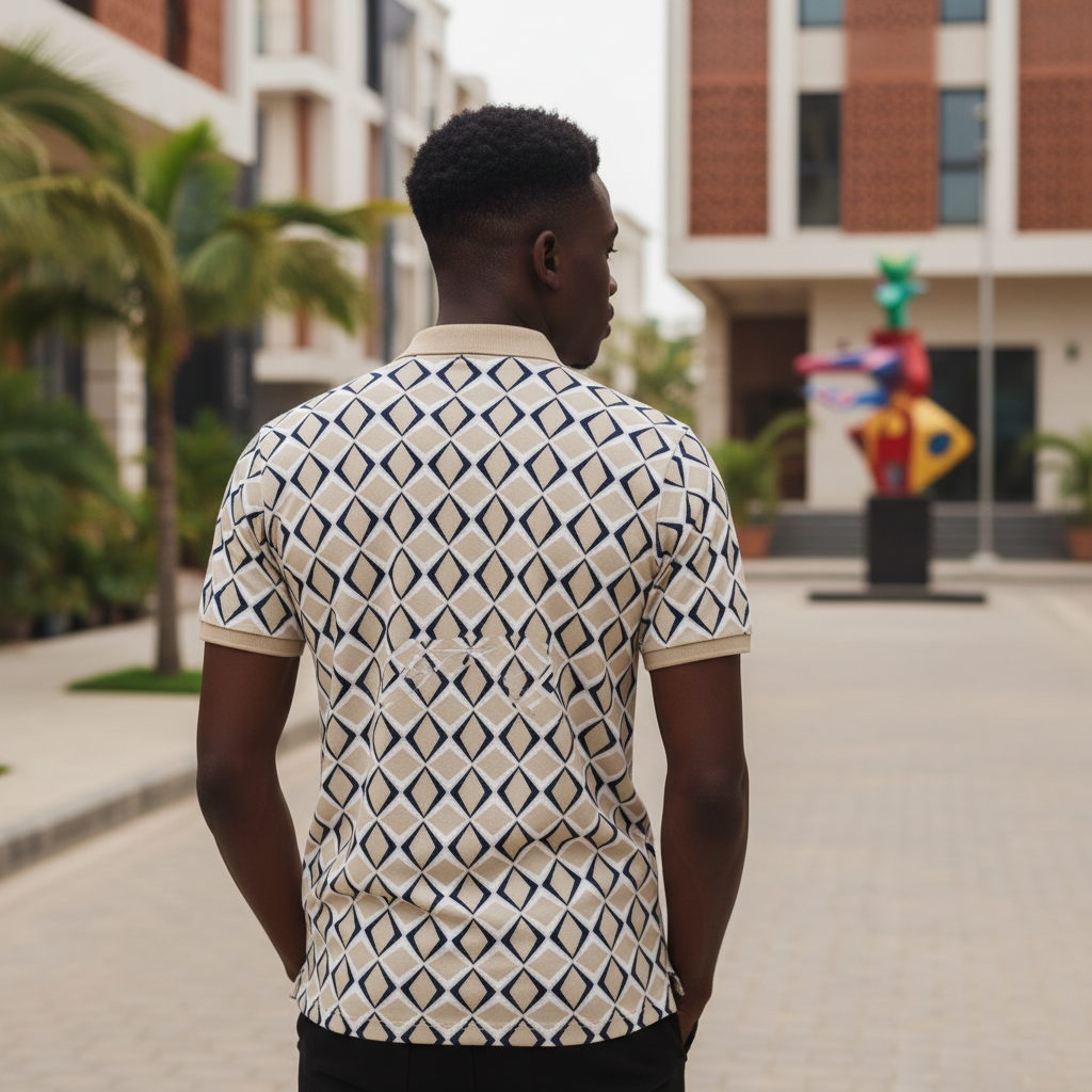 Young Nigerian male model wearing cream diamond print polo shirt, back view, Nigerian urban background