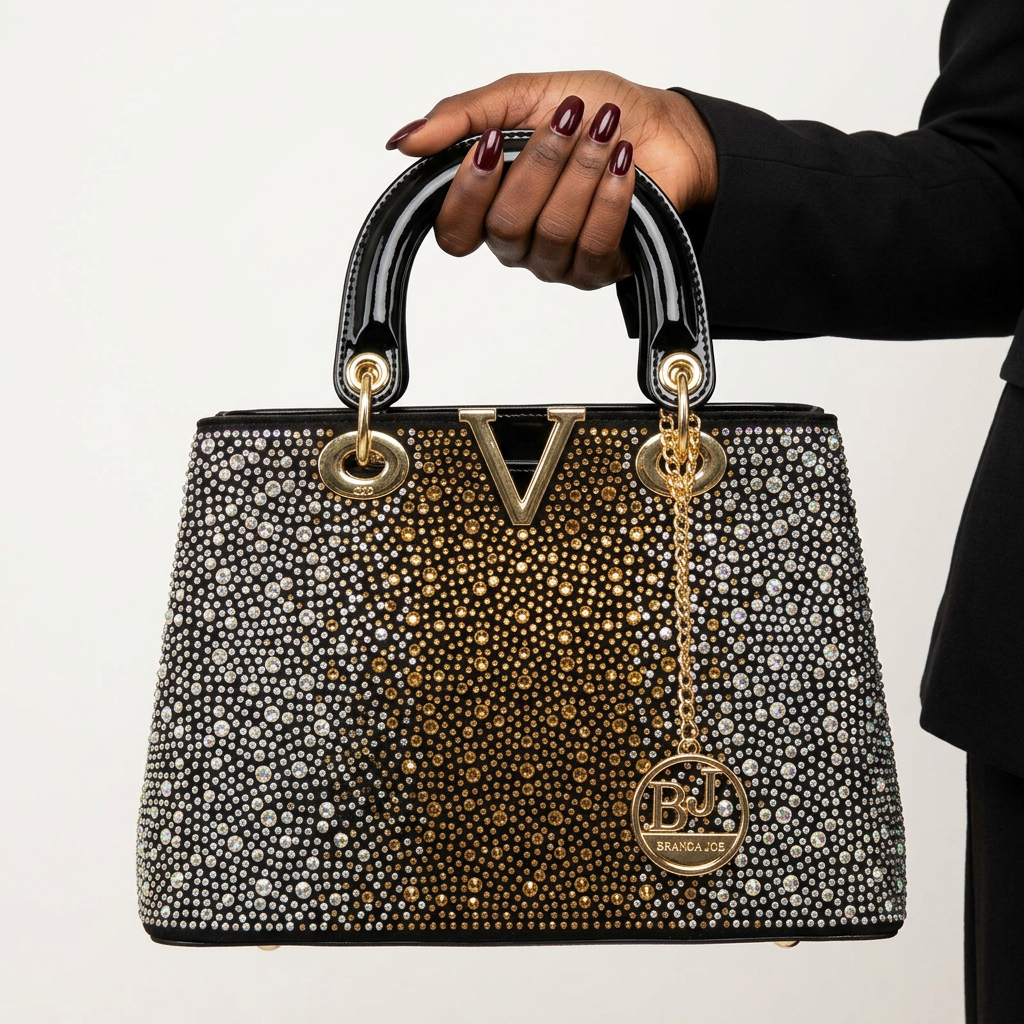Two-tone studded handbag held by a Black woman's hand with burgundy-painted nails