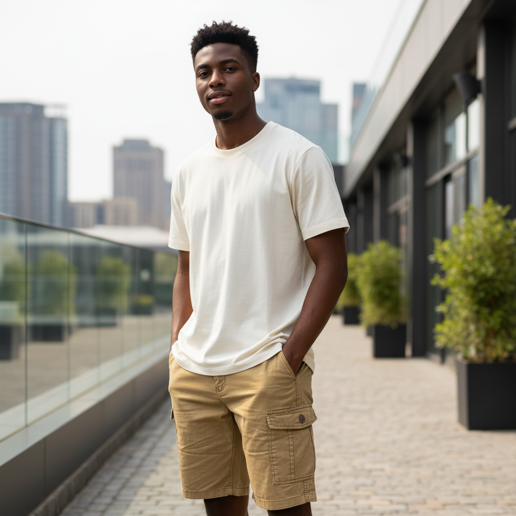 Young Nigerian male model wearing khaki washed cotton cargo shorts