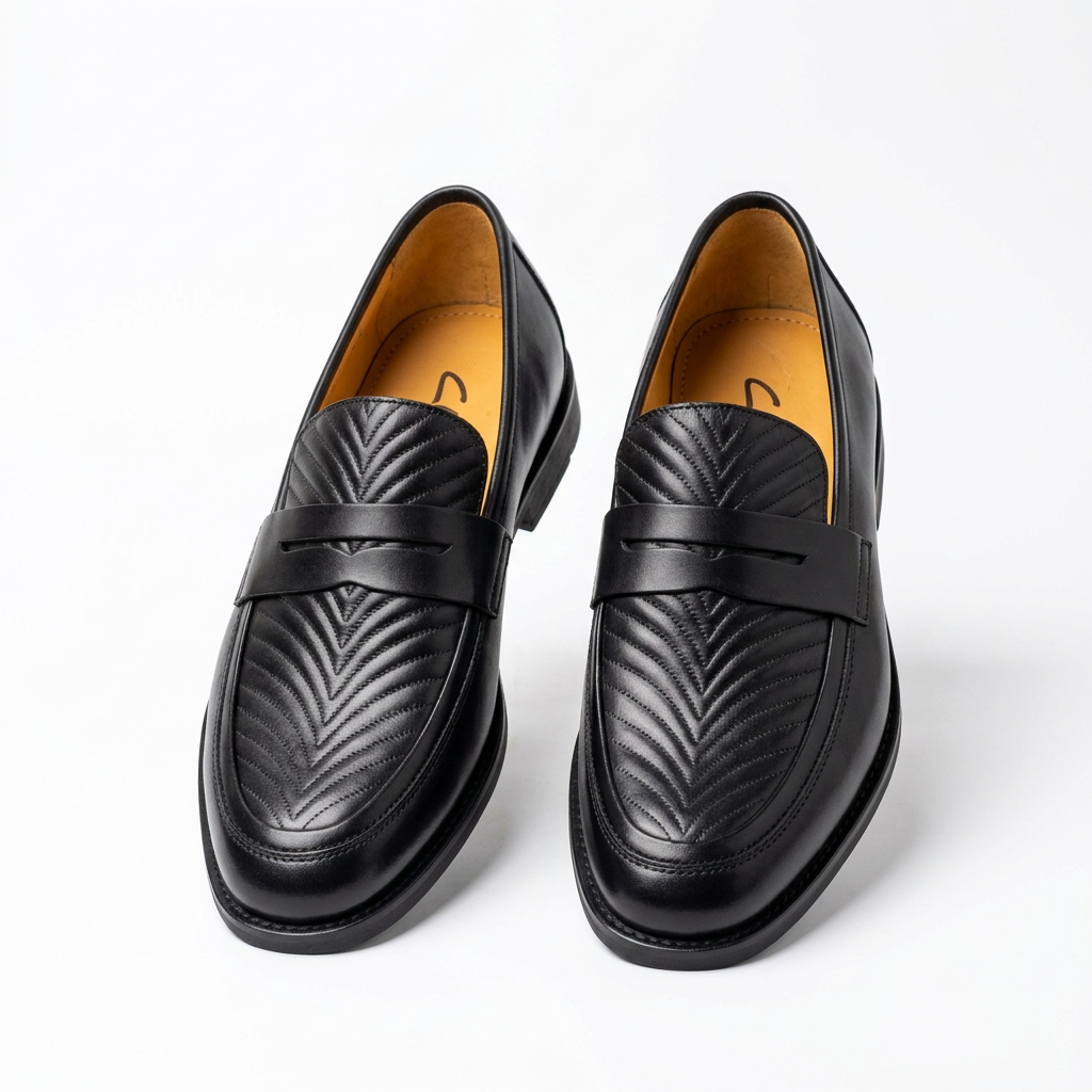 Pair of black embossed-vamp saddle loafers on white