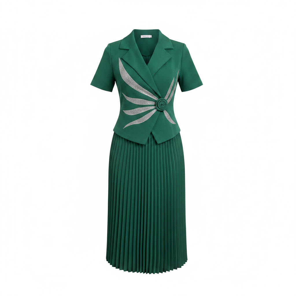Girls' emerald green pleated midi dress with silver rosette ghost mannequin front view