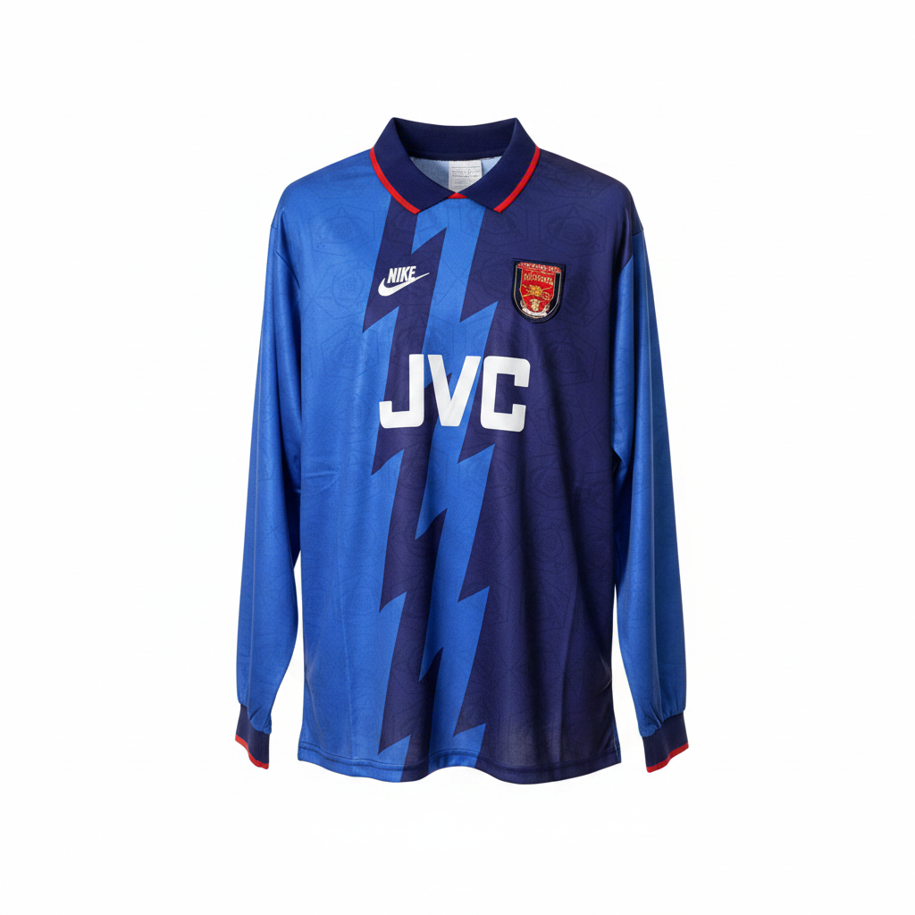 Royal blue long-sleeve retro football jersey with lightning-bolt graphic and polo collar, ghost mannequin front view