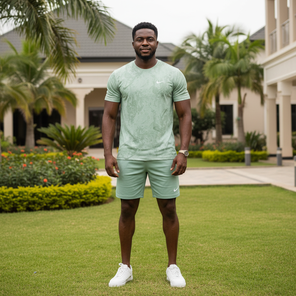 Nigerian male model wearing sage green tonal print athletic performance tee