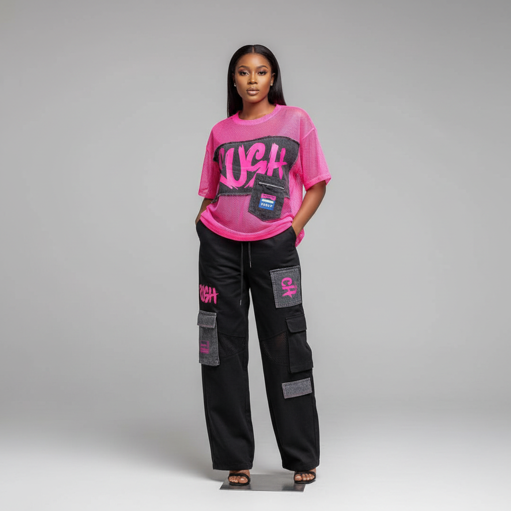 Neon Pink Black Mesh Graphic Co-ord Set - Model Front View